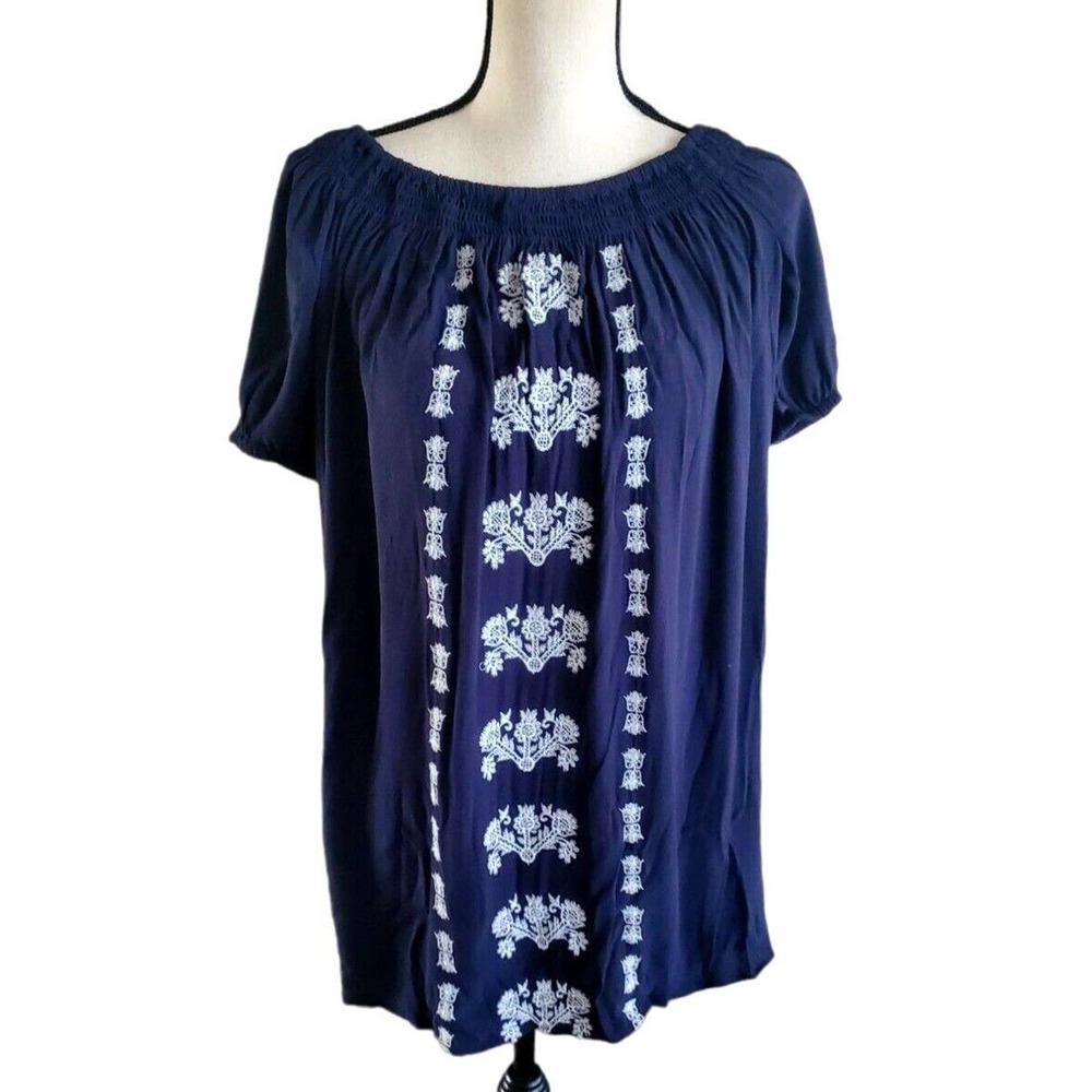 Loft Outlet Petite Navy Blue Embroidered Boho Peasant Mini Short Dress XXSP